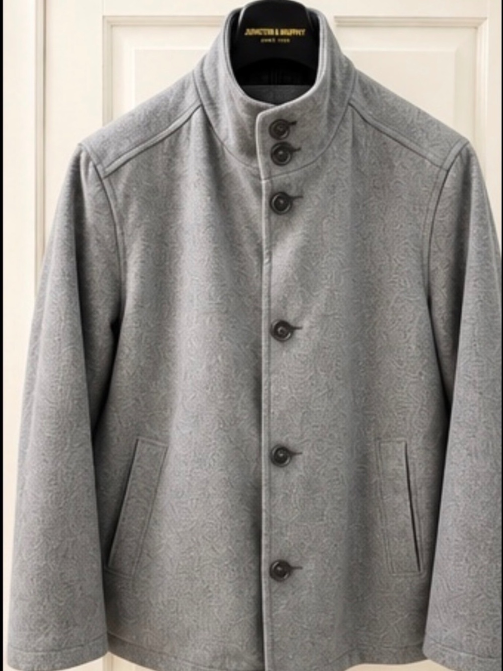 Johnston & Murphy Men’s Gray Wool Blend Coat Size L Stand Collar Quilted Lined